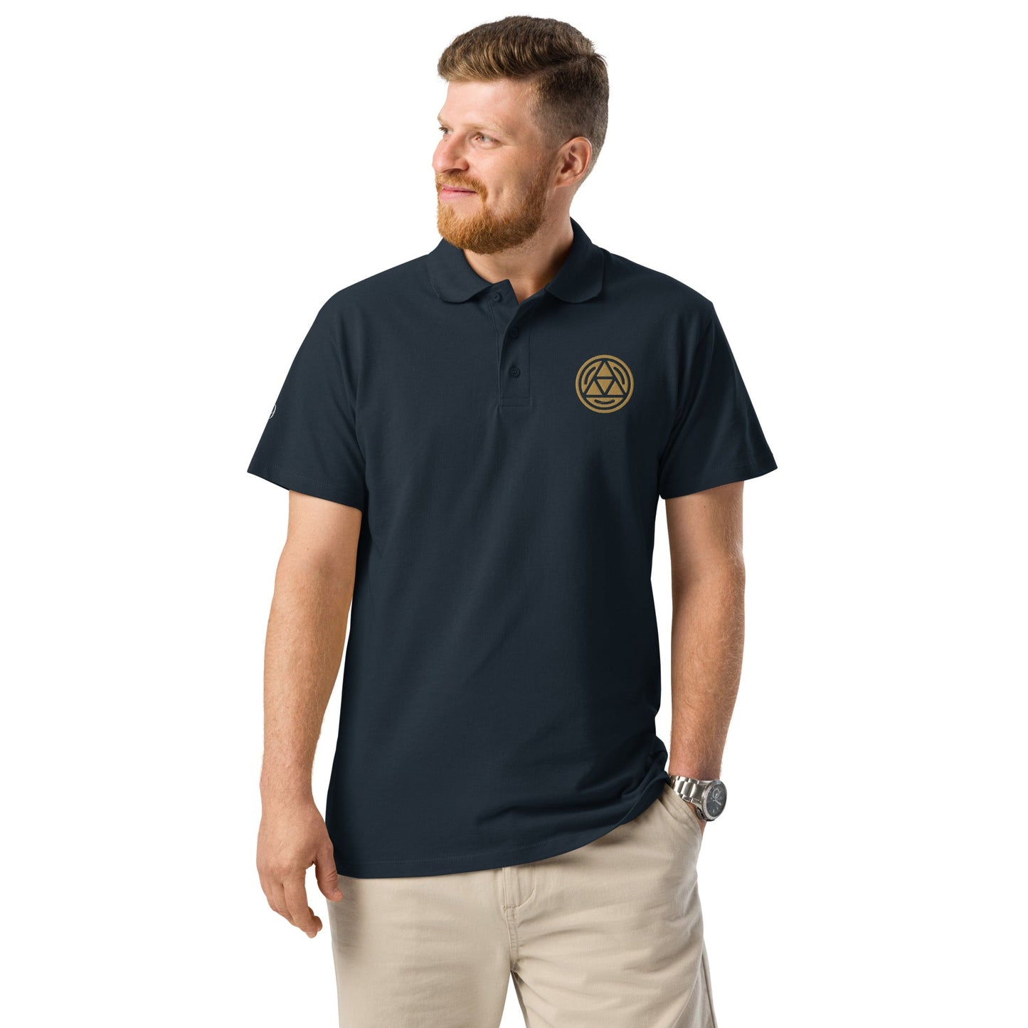Earth symbol embroidered premium pique polo shirt - f9artist