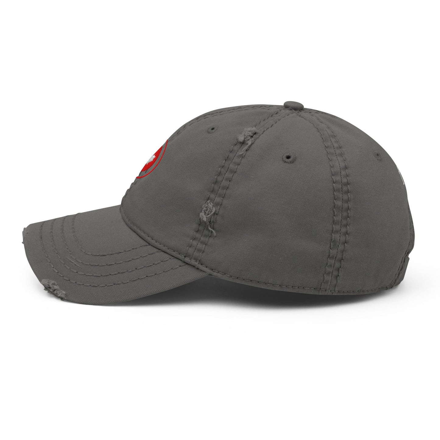 Red Maple Leaf Distressed Dad Hat with bold embroidered leaf and worn brim