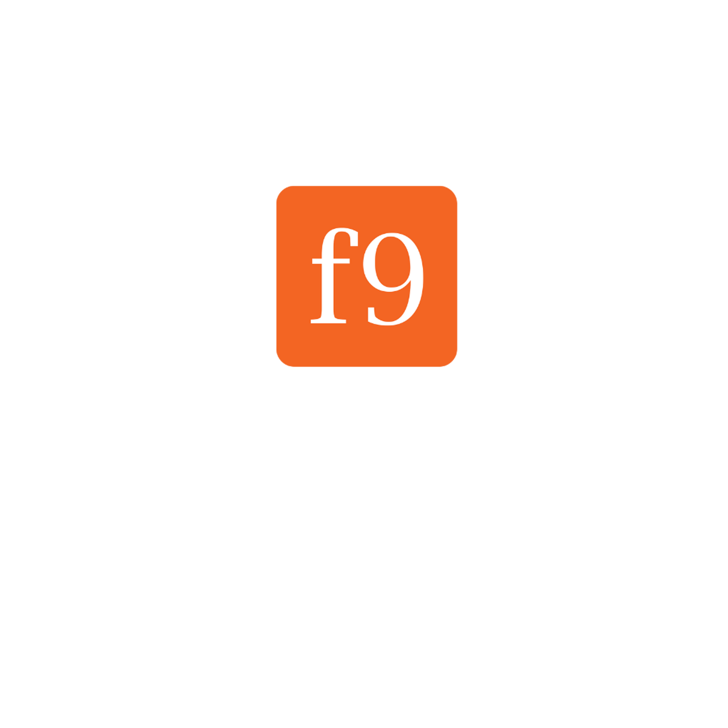f9artist logo with orange square and white “f9” text on a blue background, tagline reads “art you can live with.”
