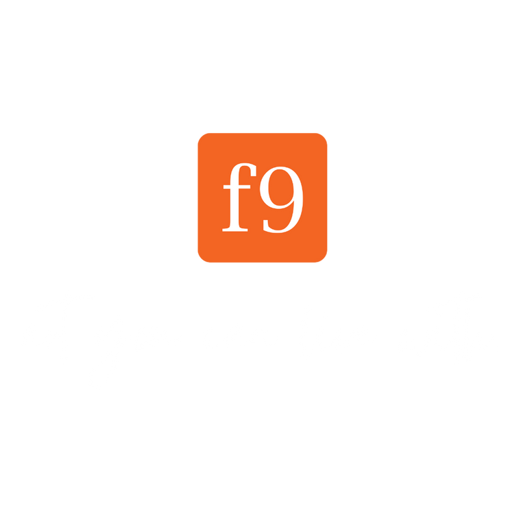 f9artist logo with orange square and white “f9” text on a blue background, tagline reads “art you can live with.”