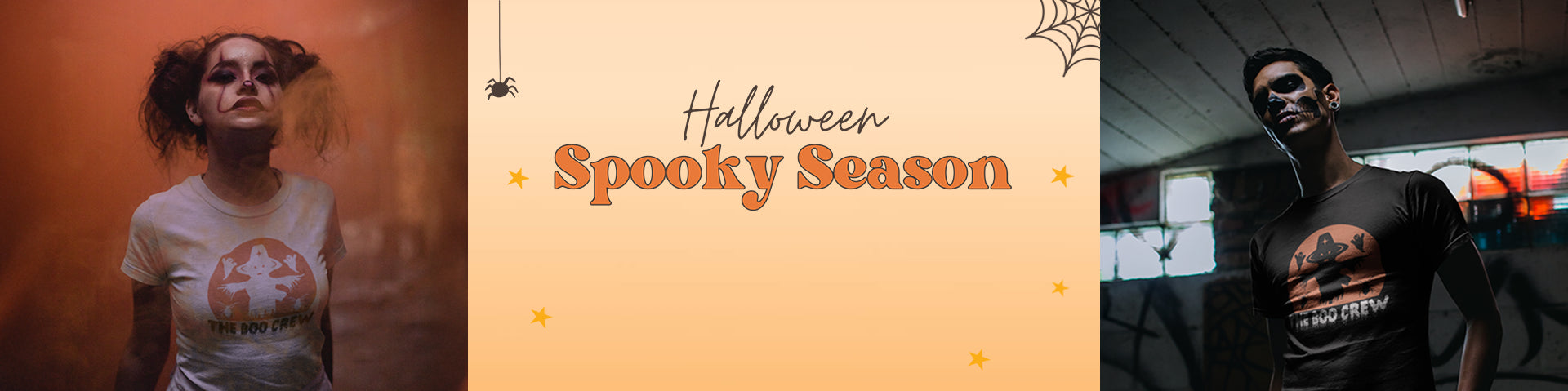 Halloween Spooky Season banner by f9artist featuring models wearing Boo Crew T-shirts with ghost graphics 
