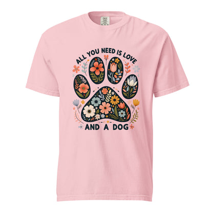 Dog Lover T-Shirt | “All You Need Is Love and a Dog” Quote Tee | Paw Print Shirt | Gift for Dog Lovers | Vintage Style