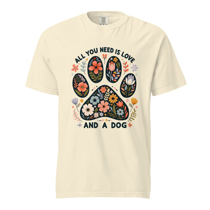 Dog Lover T-Shirt | “All You Need Is Love and a Dog” Quote Tee | Paw Print Shirt | Gift for Dog Lovers | Vintage Style