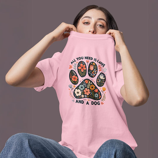 Dog Lover T-Shirt | “All You Need Is Love and a Dog” Quote Tee | Paw Print Shirt | Gift for Dog Lovers | Vintage Style