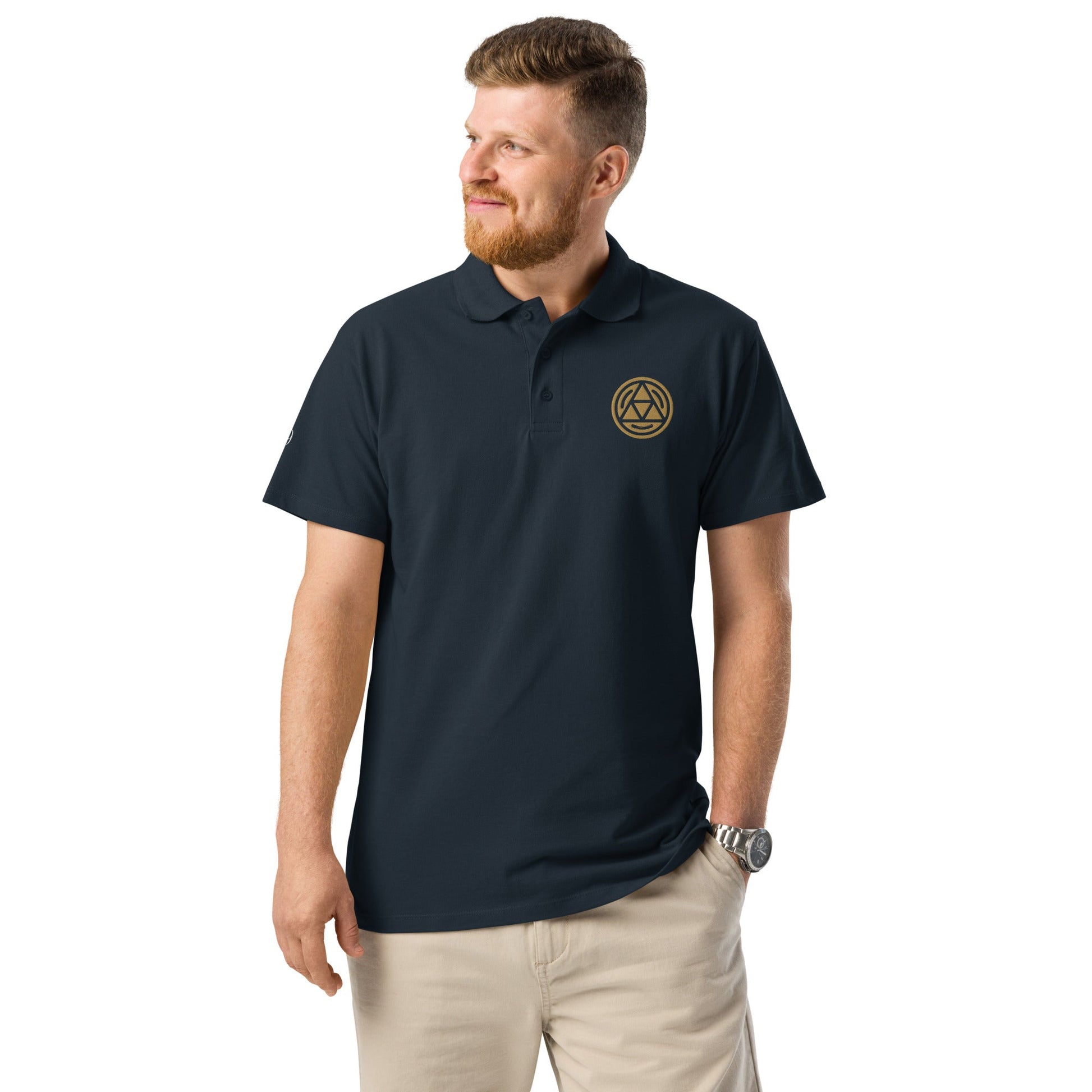 Earth symbol embroidered premium pique polo shirt - f9artist
