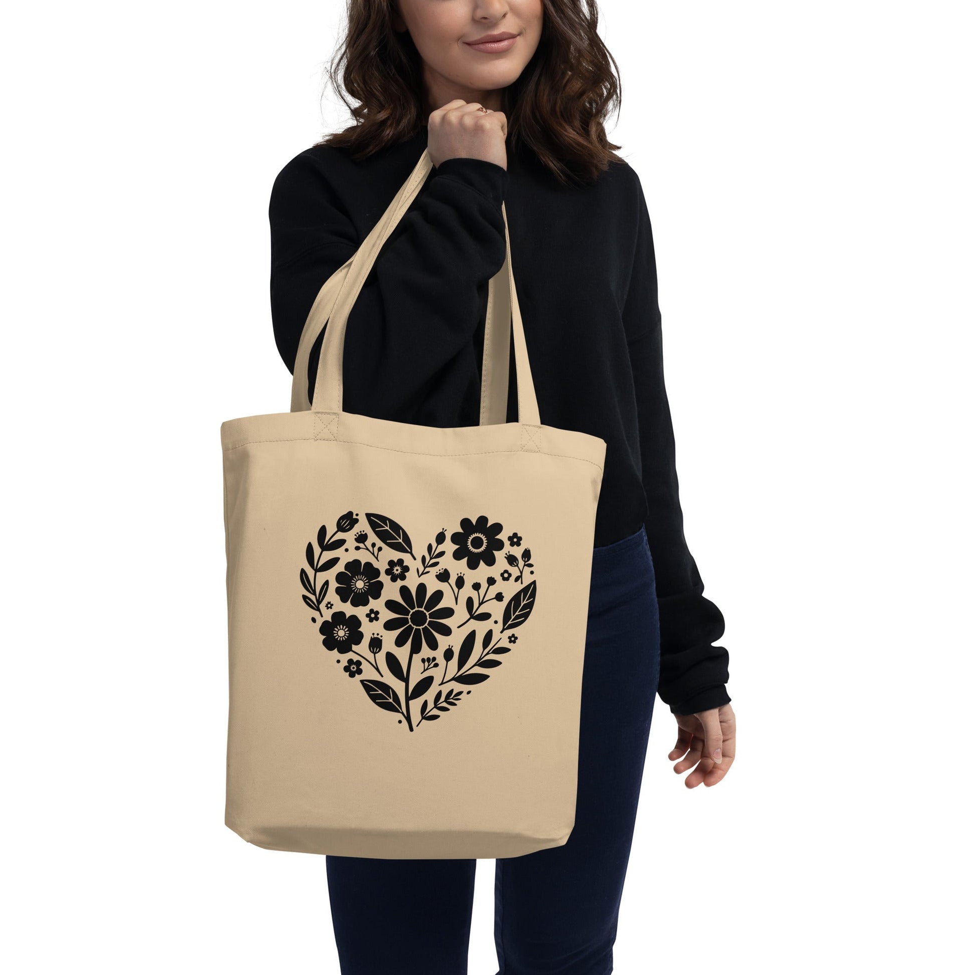 Eco Tote Bag with Floral Heart Design - f9artist