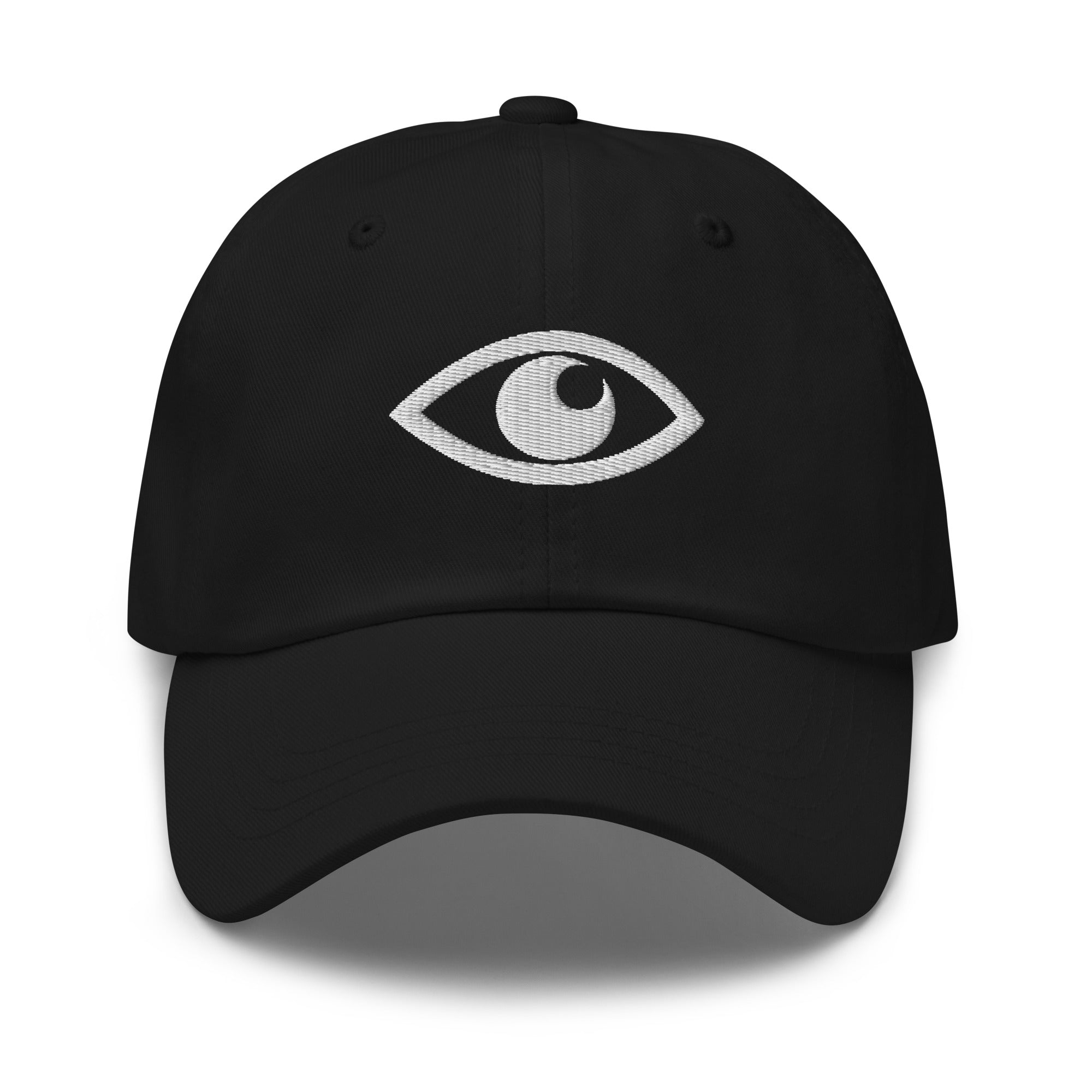 EYE Embroidered Classic Dad Hat with bold eye design on black cotton cap