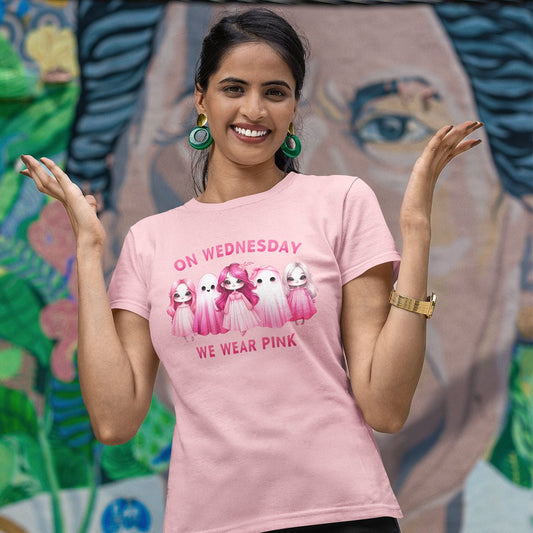 On Wednesdays We Wear Pink Ghost T-Shirt | Halloween Mean Girls Graphic Tee - f9artist