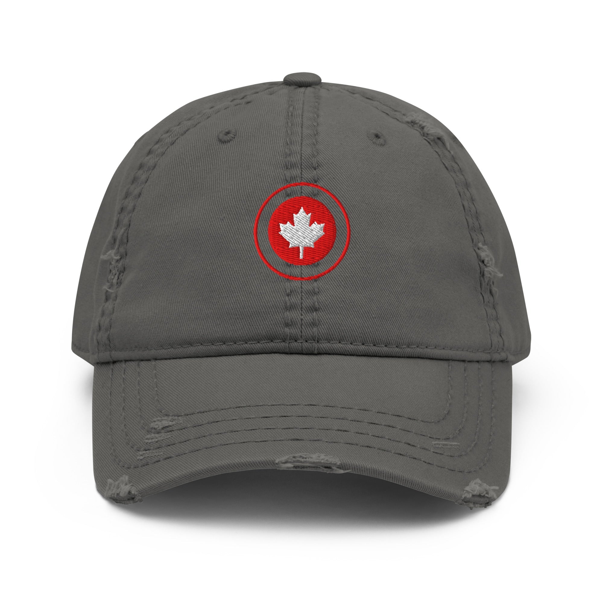 Red Maple Leaf Distressed Dad Hat with bold embroidered leaf and worn brim