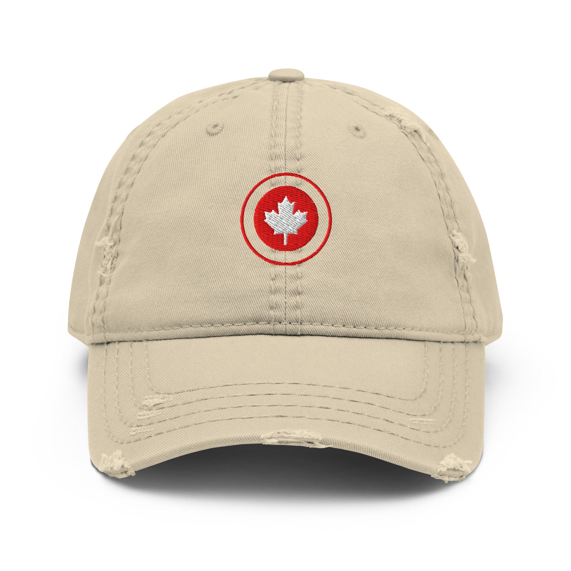 Red Maple Leaf Distressed Dad Hat with bold embroidered leaf and worn brim