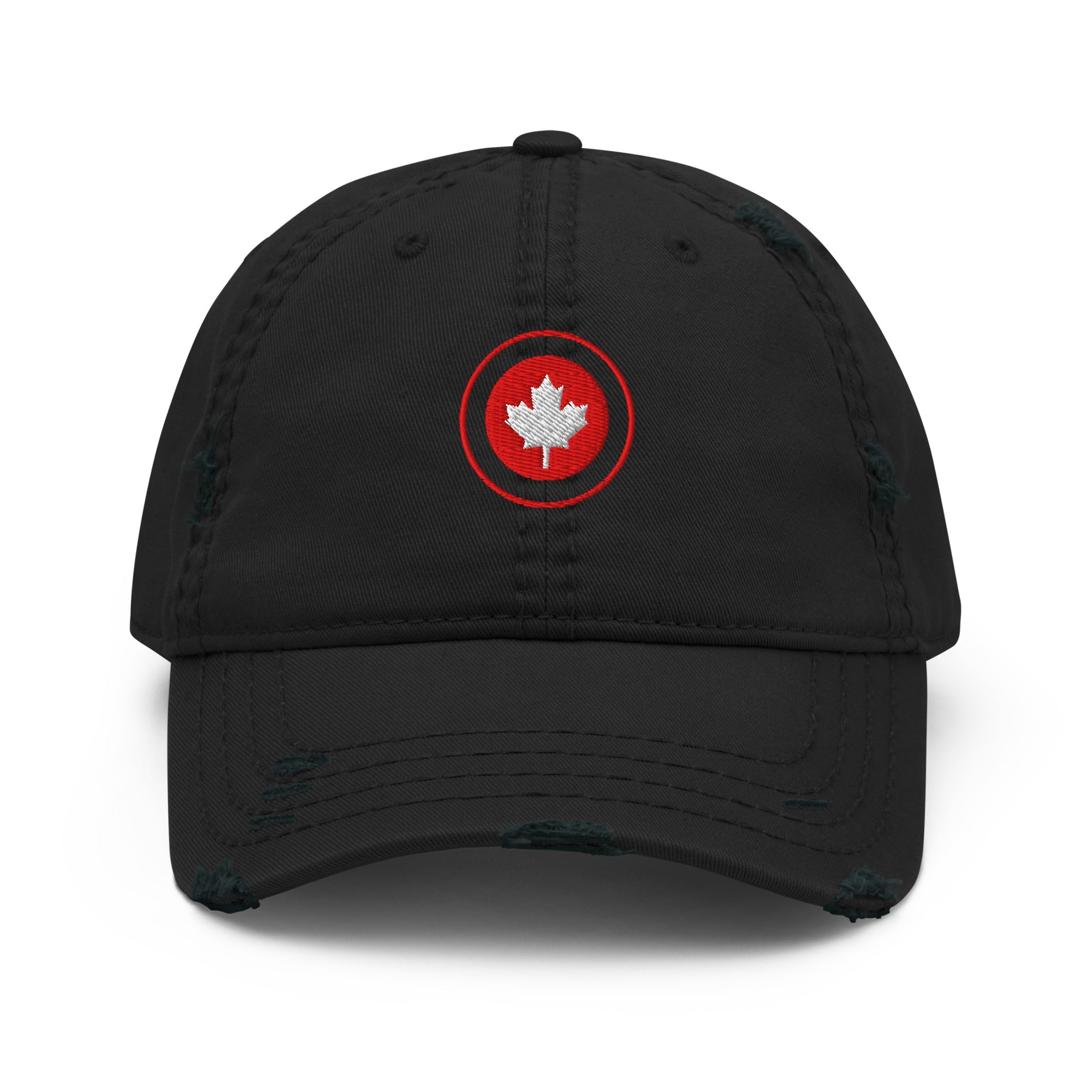 Red Maple Leaf Distressed Dad Hat with bold embroidered leaf and worn brim