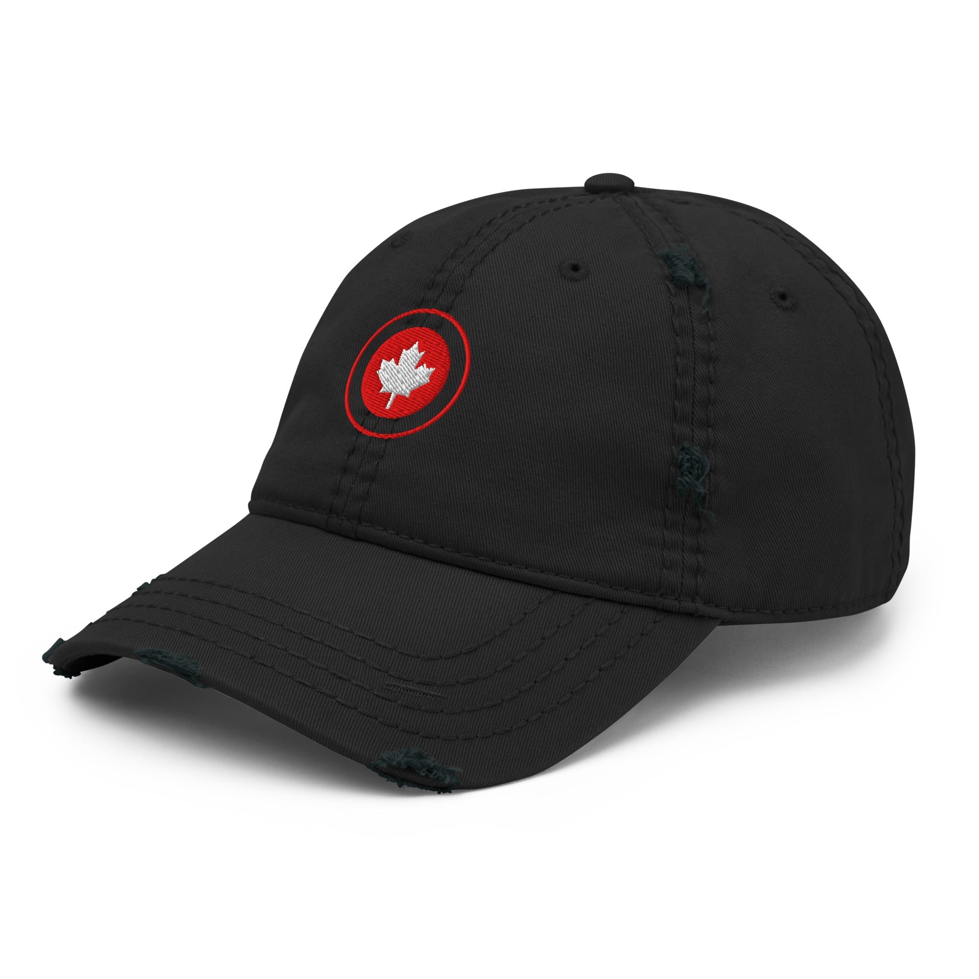 Red Maple Leaf Distressed Dad Hat with bold embroidered leaf and worn brim
