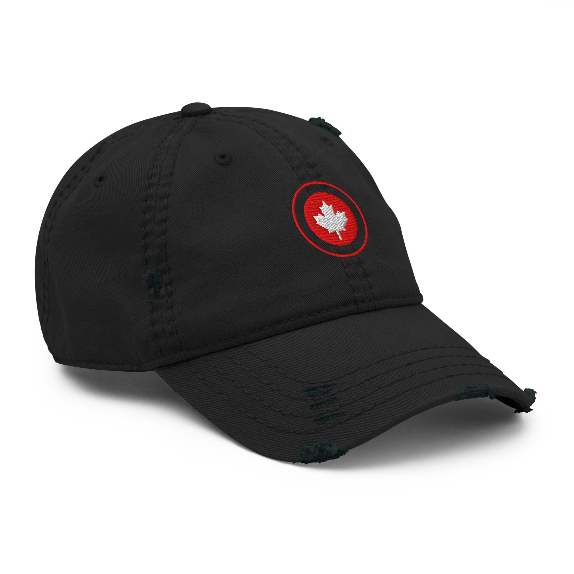 Red Maple Leaf Distressed Dad Hat with bold embroidered leaf and worn brim