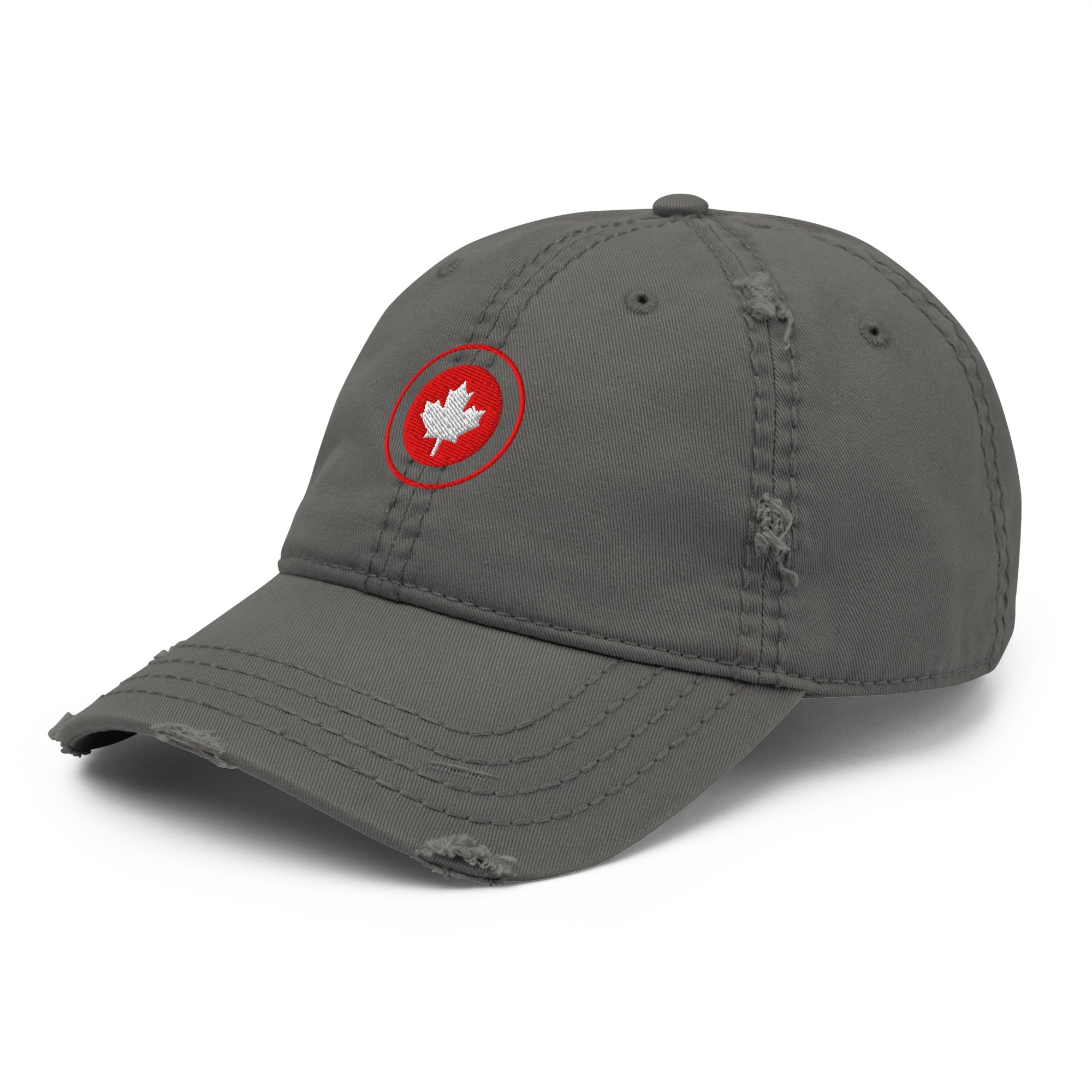 Red Maple Leaf Distressed Dad Hat with bold embroidered leaf and worn brim