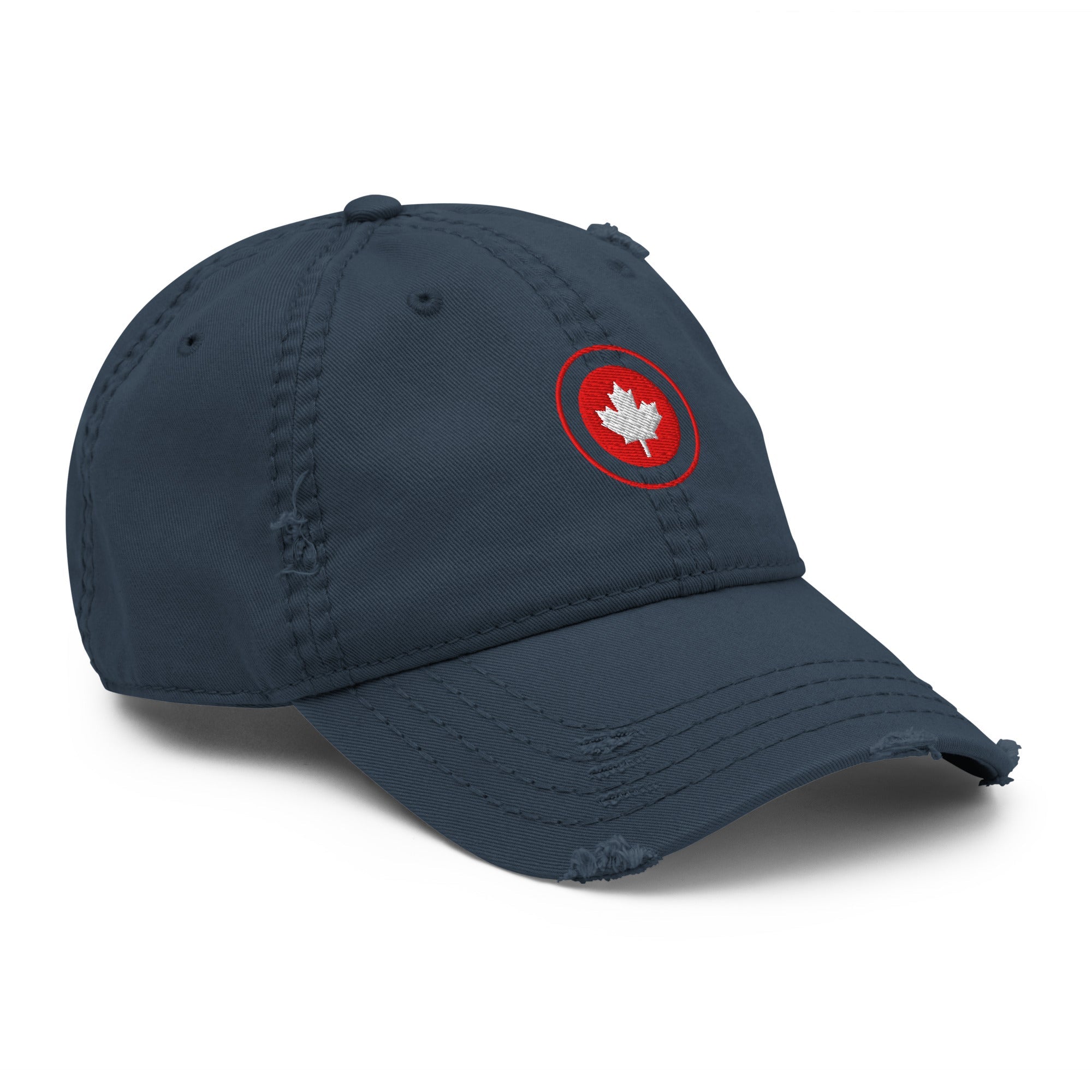 Red Maple Leaf Distressed Dad Hat with bold embroidered leaf and worn brim
