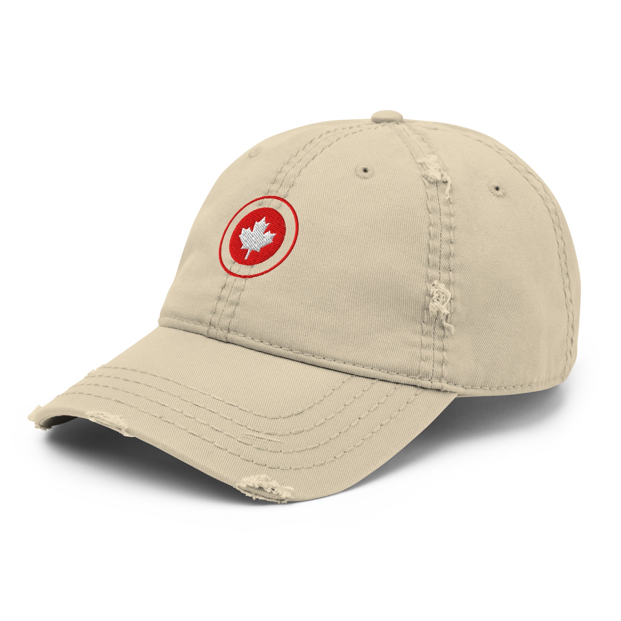Red Maple Leaf Distressed Dad Hat with bold embroidered leaf and worn brim