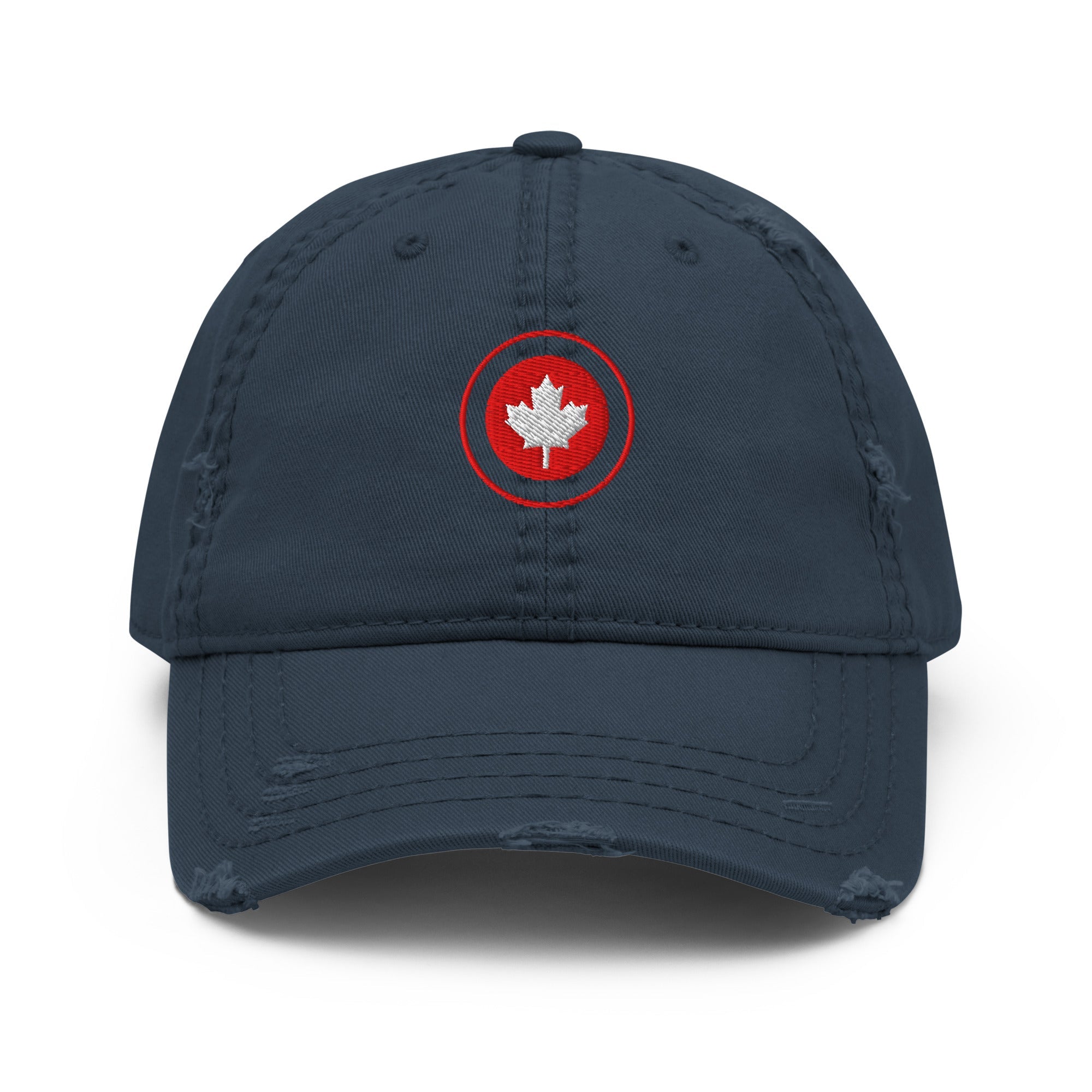 Red Maple Leaf Distressed Dad Hat with bold embroidered leaf and worn brim