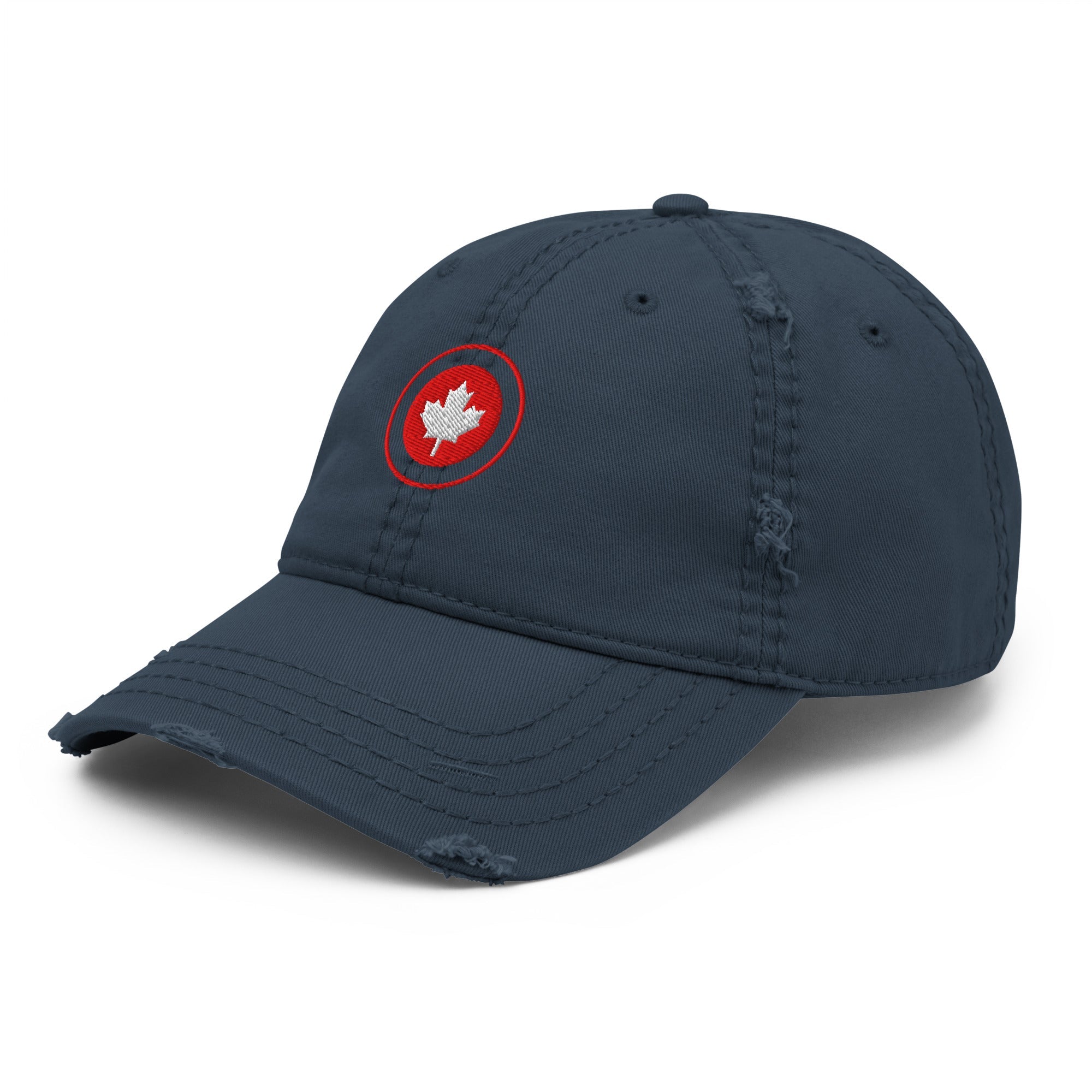 Red Maple Leaf Distressed Dad Hat with bold embroidered leaf and worn brim