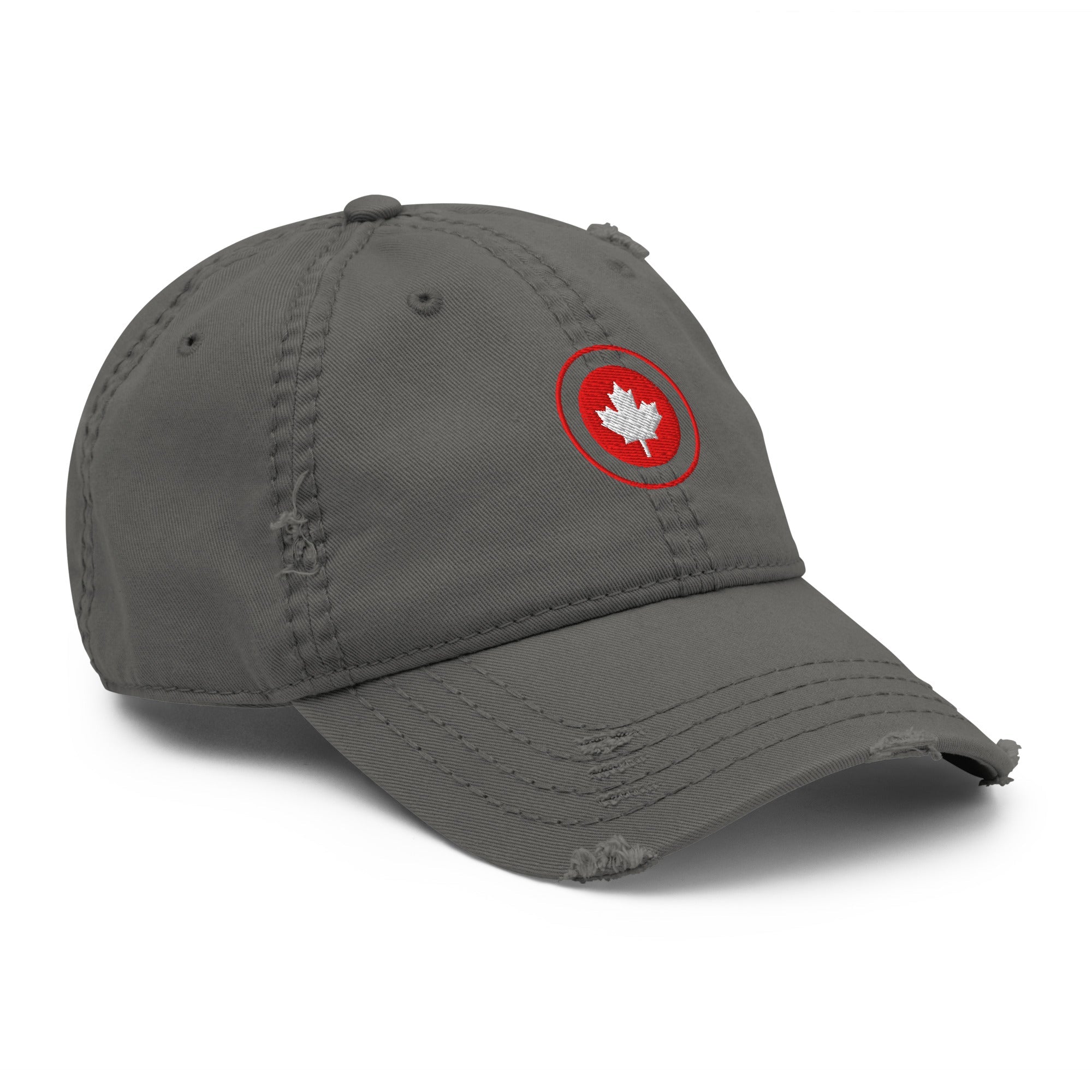 Red Maple Leaf Distressed Dad Hat with bold embroidered leaf and worn brim