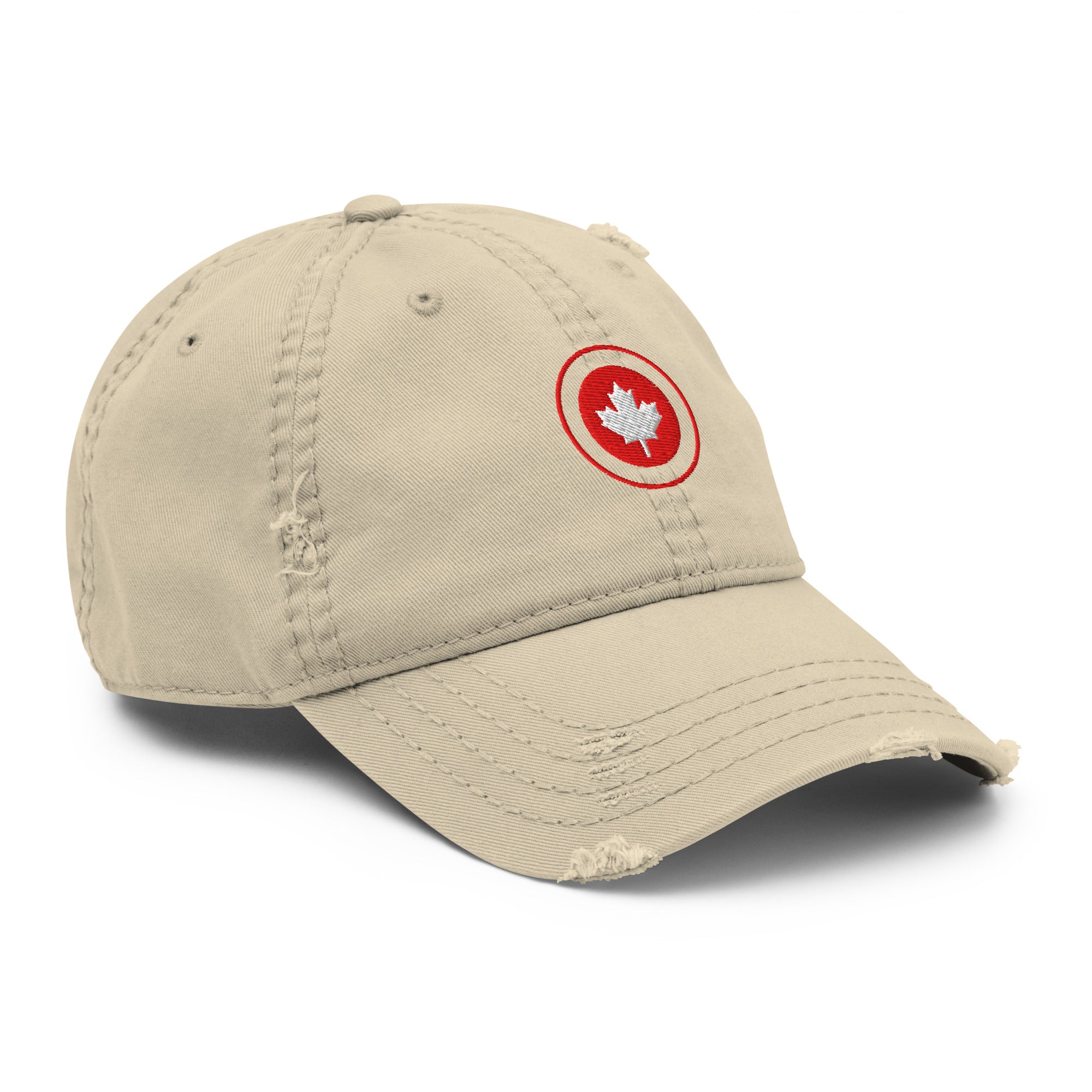 Red Maple Leaf Distressed Dad Hat with bold embroidered leaf and worn brim